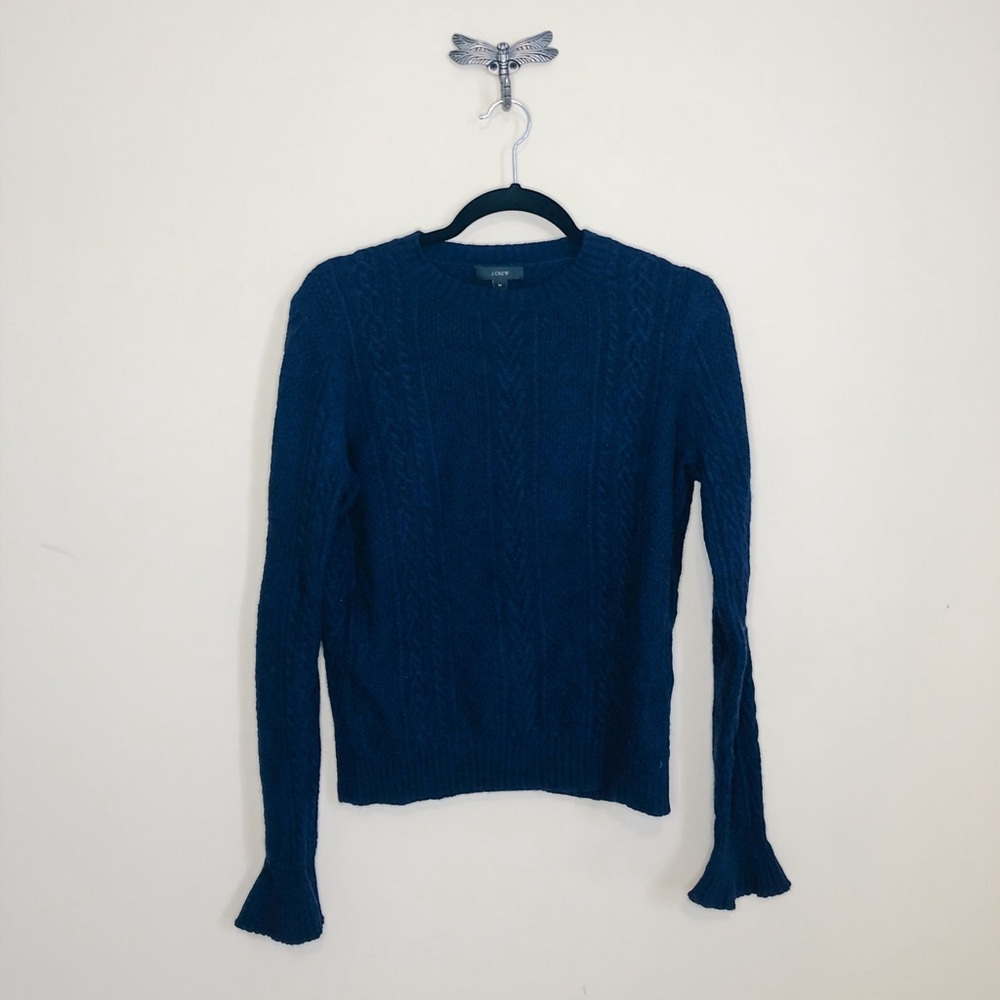 JCREW CABLE CREWNECK SWEATER WITH RUFFLE SLEEVES